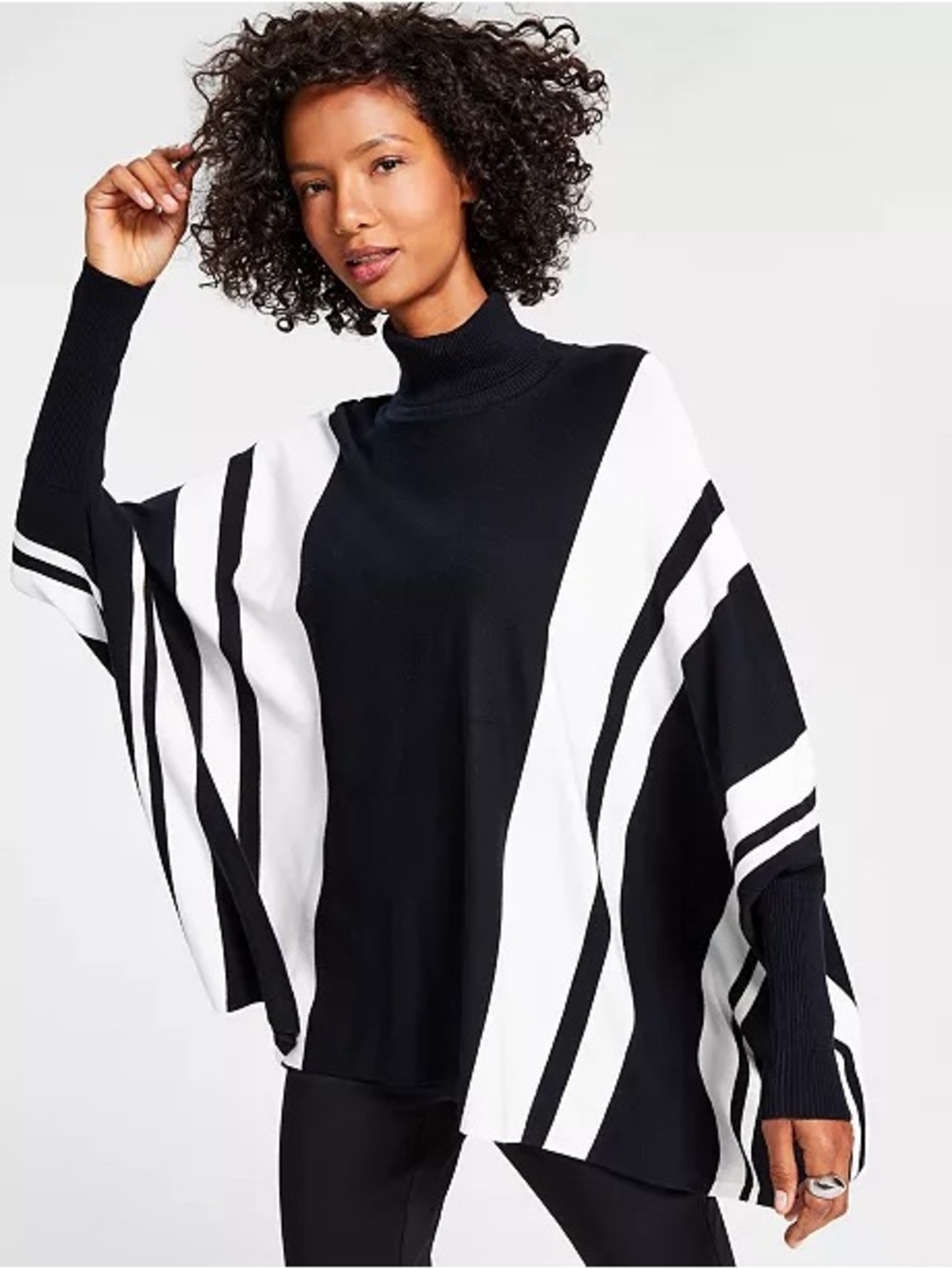 Alfani Black White Striped Turtleneck Poncho Sweater Large Asymmetrical